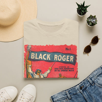 Close-up of black Roger No.1 T-shirt’s sewn neckline and smooth fabric texture from a slightly elevated angle