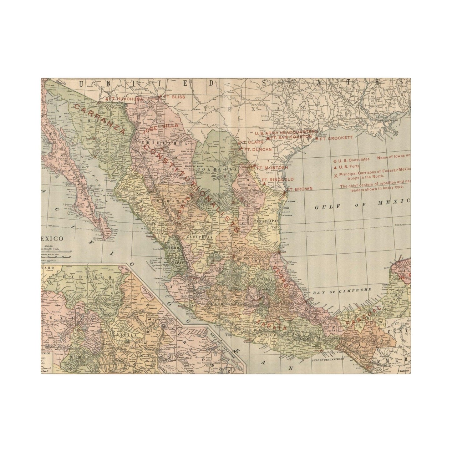 Close-up of textured canvas surface highlighting the vibrant colors and detailed brushstrokes depicting the 1913 Mexican