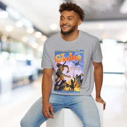 Close-up of the G.I. Joe No.24 T-shirt's soft fabric texture and subtle stitching along the crew neckline from a front upper