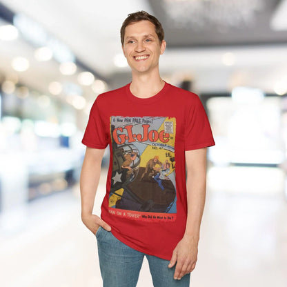 Close-up of the soft cotton fabric displaying the heathered gray color and slim fit neckline detail from an overhead angle.