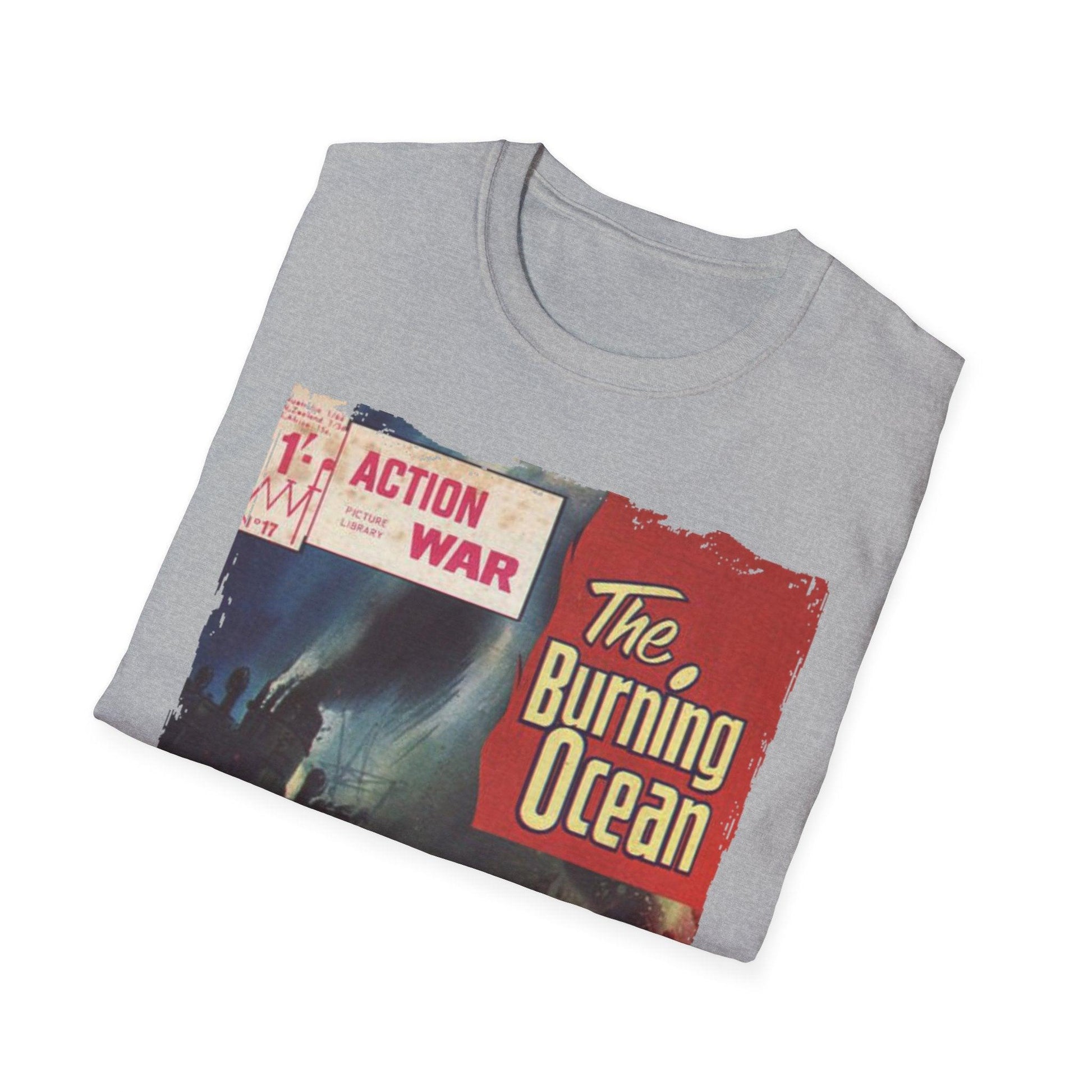 Close-up of the unisex softstyle t-shirt’s relaxed fit fabric in deep navy, highlighting subtle heather pattern and