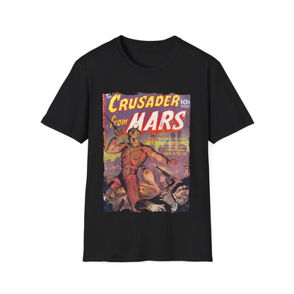 Close-up of the Crusader from Mars T-shirt’s chest graphic detail with vibrant colors and intricate spaceship design on soft