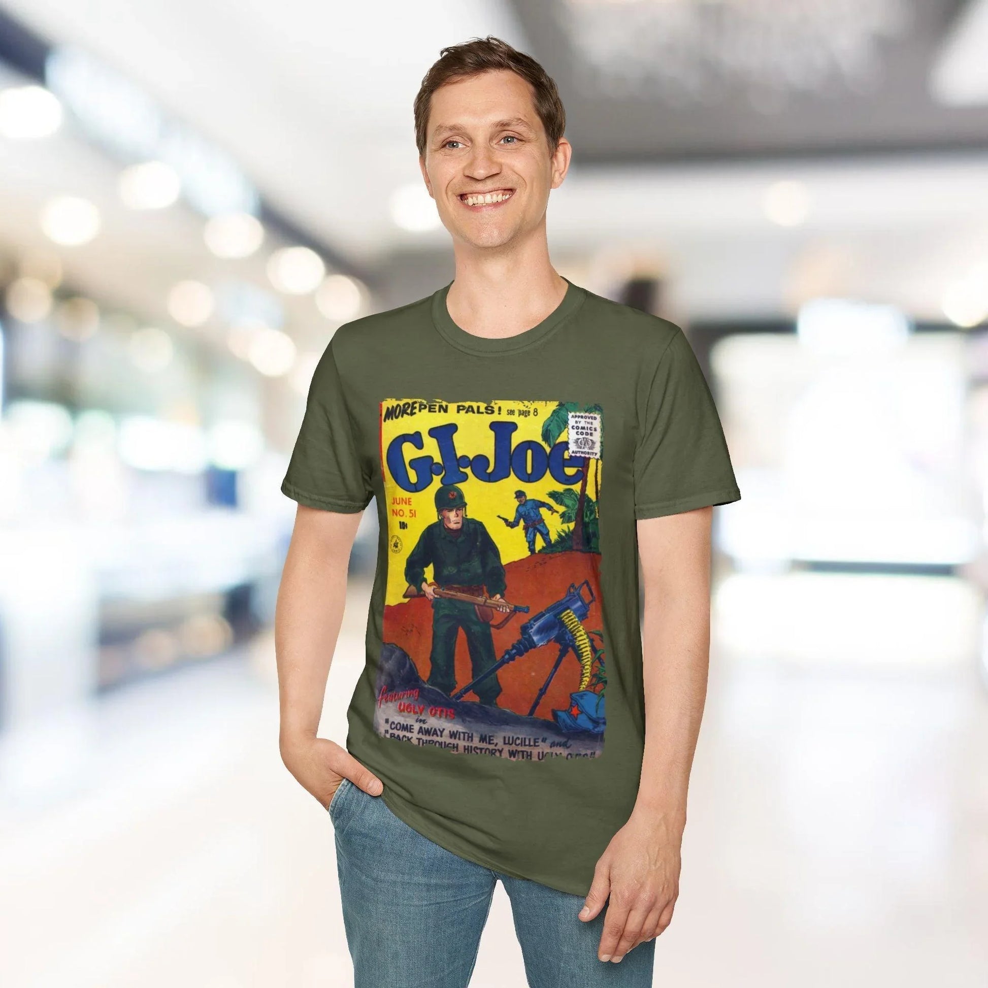 Close-up of the G.I. Joe No.51 softstyle T-shirt's smooth charcoal fabric and subtle stitching detail at the sleeve hem.