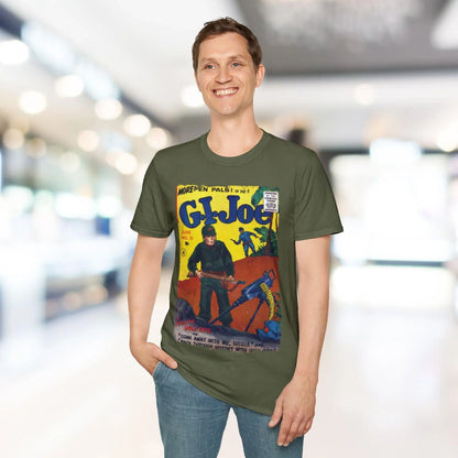 Close-up of the G.I. Joe No.51 softstyle T-shirt's smooth charcoal fabric and subtle stitching detail at the sleeve hem.