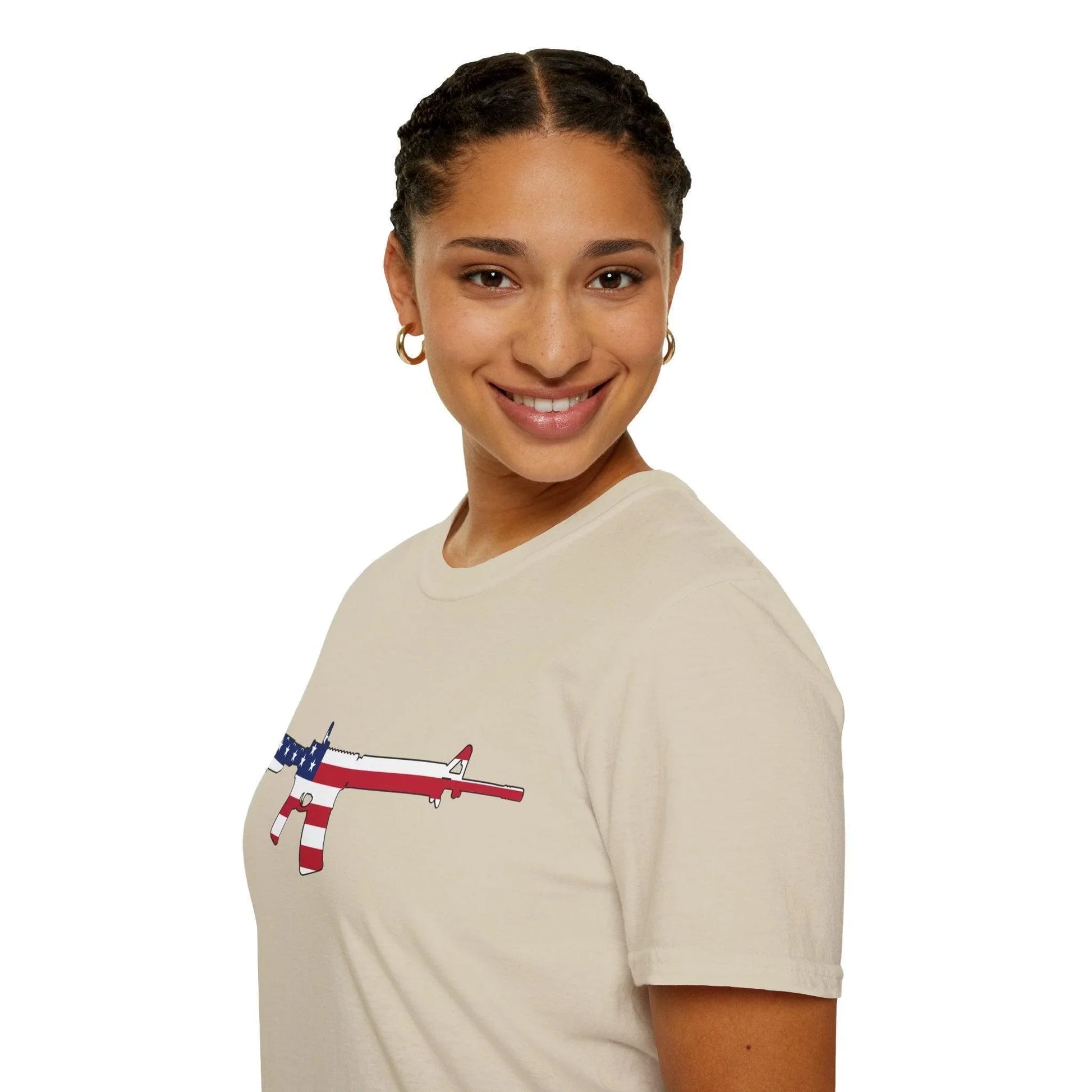Close-up of the AR American Flag unisex T-shirt's side seam showing reinforced stitching and fabric texture in relaxed fit