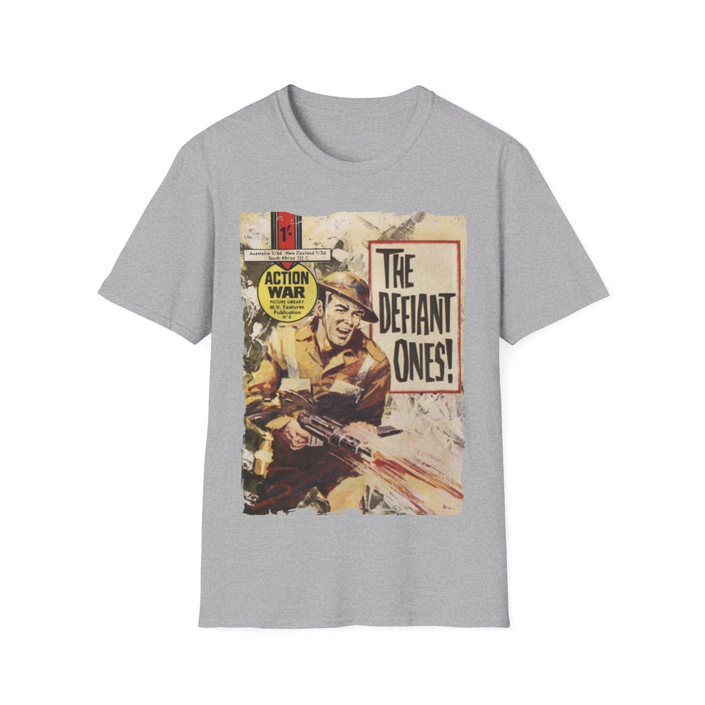 Close-up of the unisex softstyle T-shirt neckline showing reinforced seams and subtle fabric texture in heather navy color.