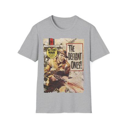 Close-up of the unisex softstyle T-shirt neckline showing reinforced seams and subtle fabric texture in heather navy color.