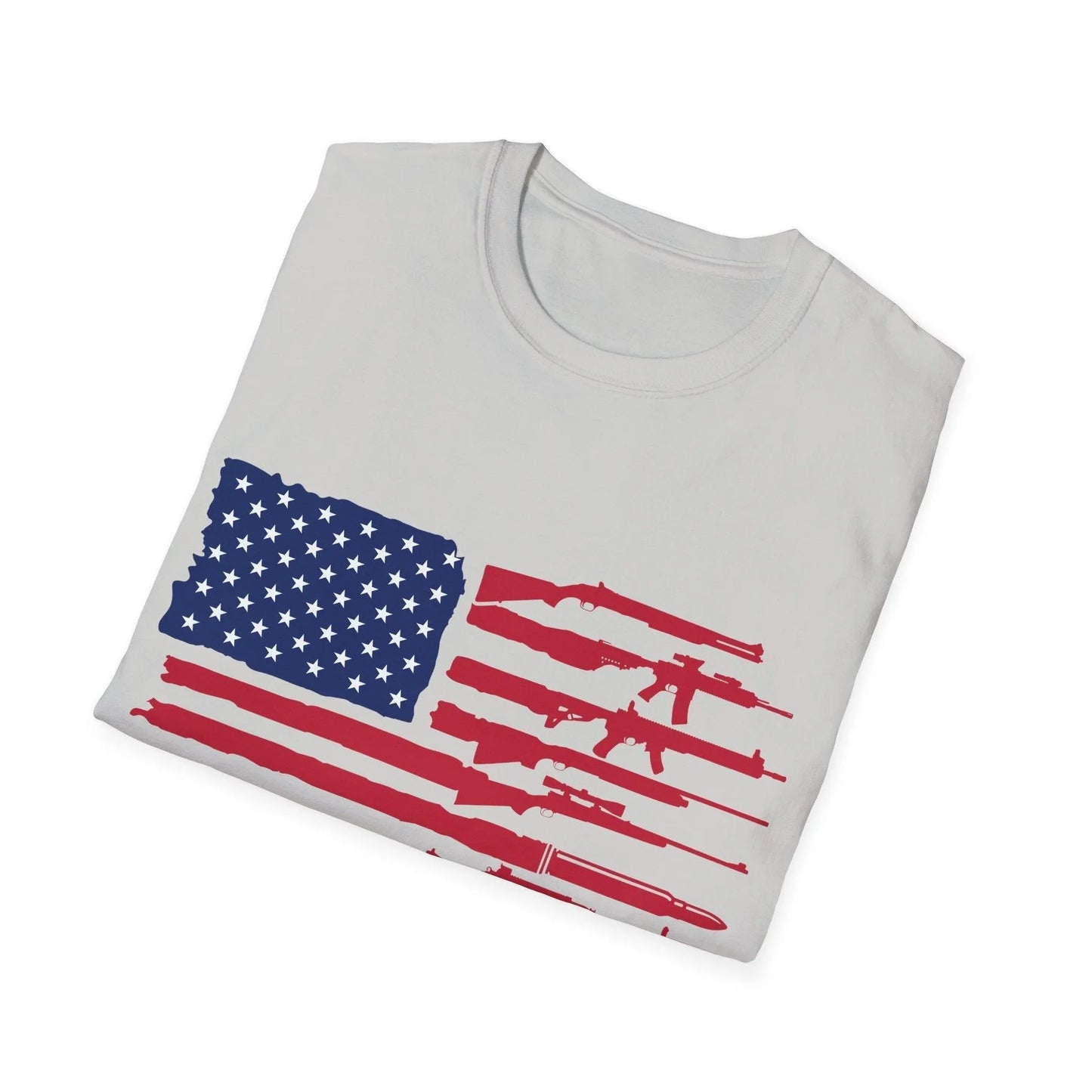 Close-up of the American flag guns graphic on the chest of the unisex softstyle T-shirt displaying vibrant colors and
