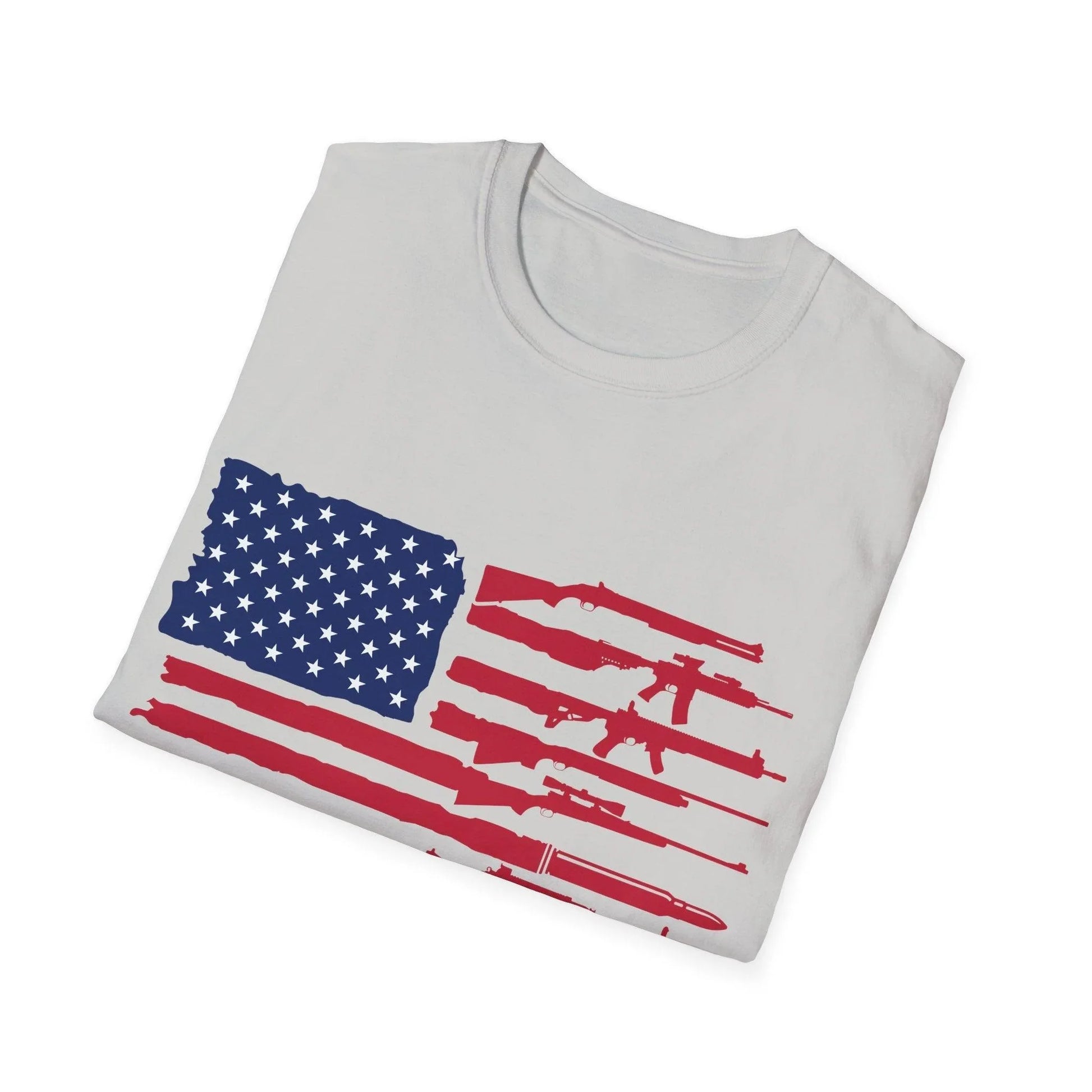 Close-up of the American flag guns graphic on the chest of the unisex softstyle T-shirt displaying vibrant colors and