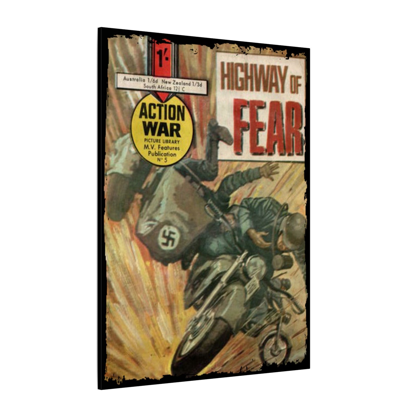 Close-up of the textured canvas surface highlighting the intricate brushwork and vibrant color details of Action War #5