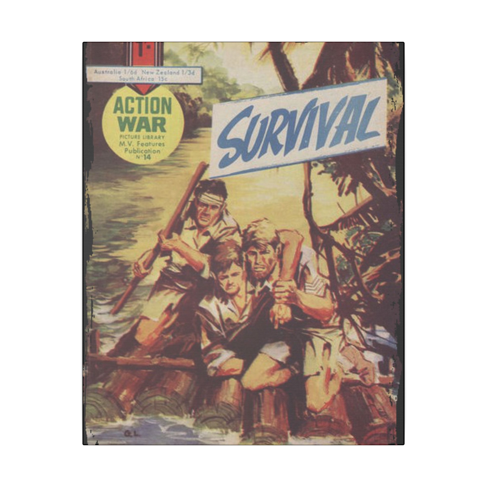 Close-up of the textured canvas surface highlighting the detailed brushstroke effects and vibrant color tones of Action War