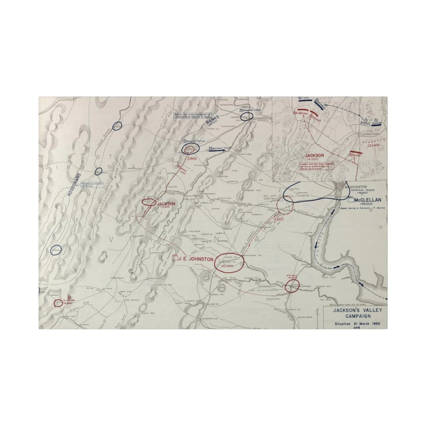 Close-up of printed canvas depicting troop movements and textual details from the 1862 Battle of Kernstown, showcasing