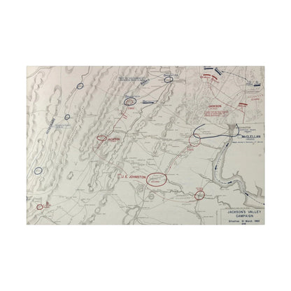 Close-up of printed canvas depicting troop movements and textual details from the 1862 Battle of Kernstown, showcasing