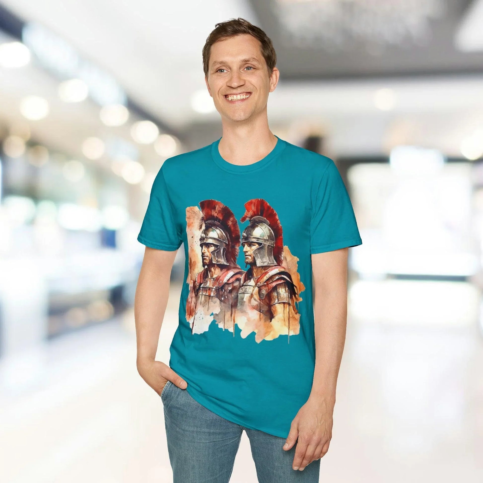 Close-up of the unisex softstyle fabric showing vibrant teal color and subtle textured weave under natural lighting