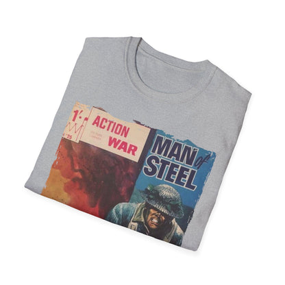 Close-up of the unisex softstyle T-shirt’s heather navy fabric highlighting the smooth texture and relaxed fit around the