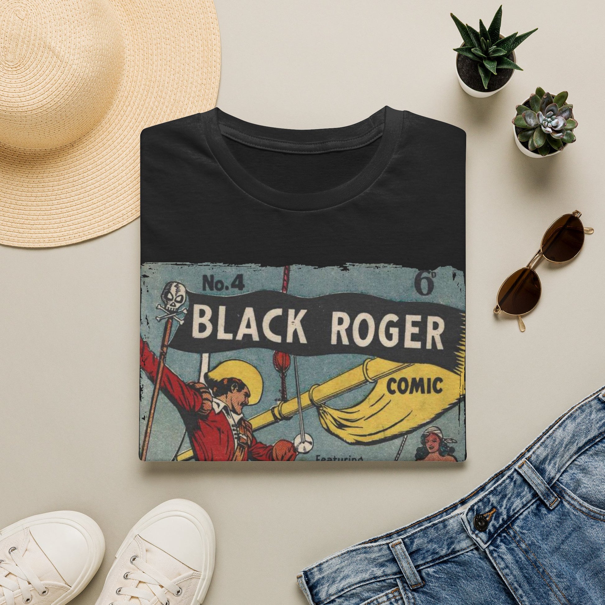 Close-up of the Black Roger No.4 T-Shirt neckline showing reinforced stitching and smooth fabric edge detail.