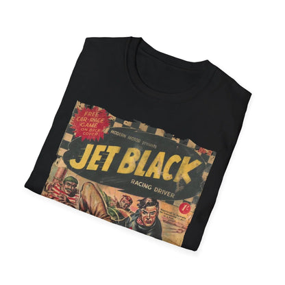 Close-up of the Jet Black No.5 unisex softstyle T-shirt's neckline stitching and smooth fabric texture from a front angle.