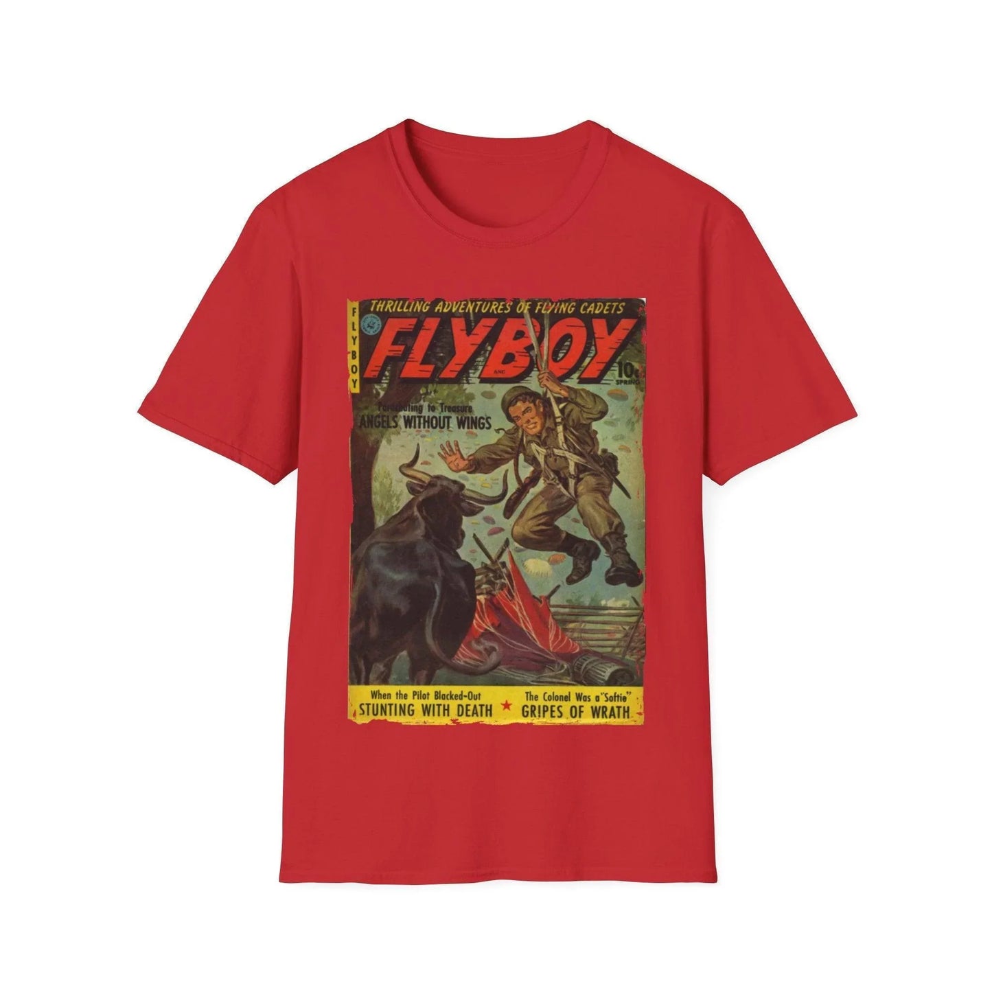 Close-up of Flyboy No.1 unisex softstyle T-shirt neckline showing reinforced collar stitching and smooth fabric texture