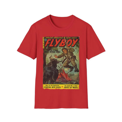 Close-up of Flyboy No.1 unisex softstyle T-shirt neckline showing reinforced collar stitching and smooth fabric texture