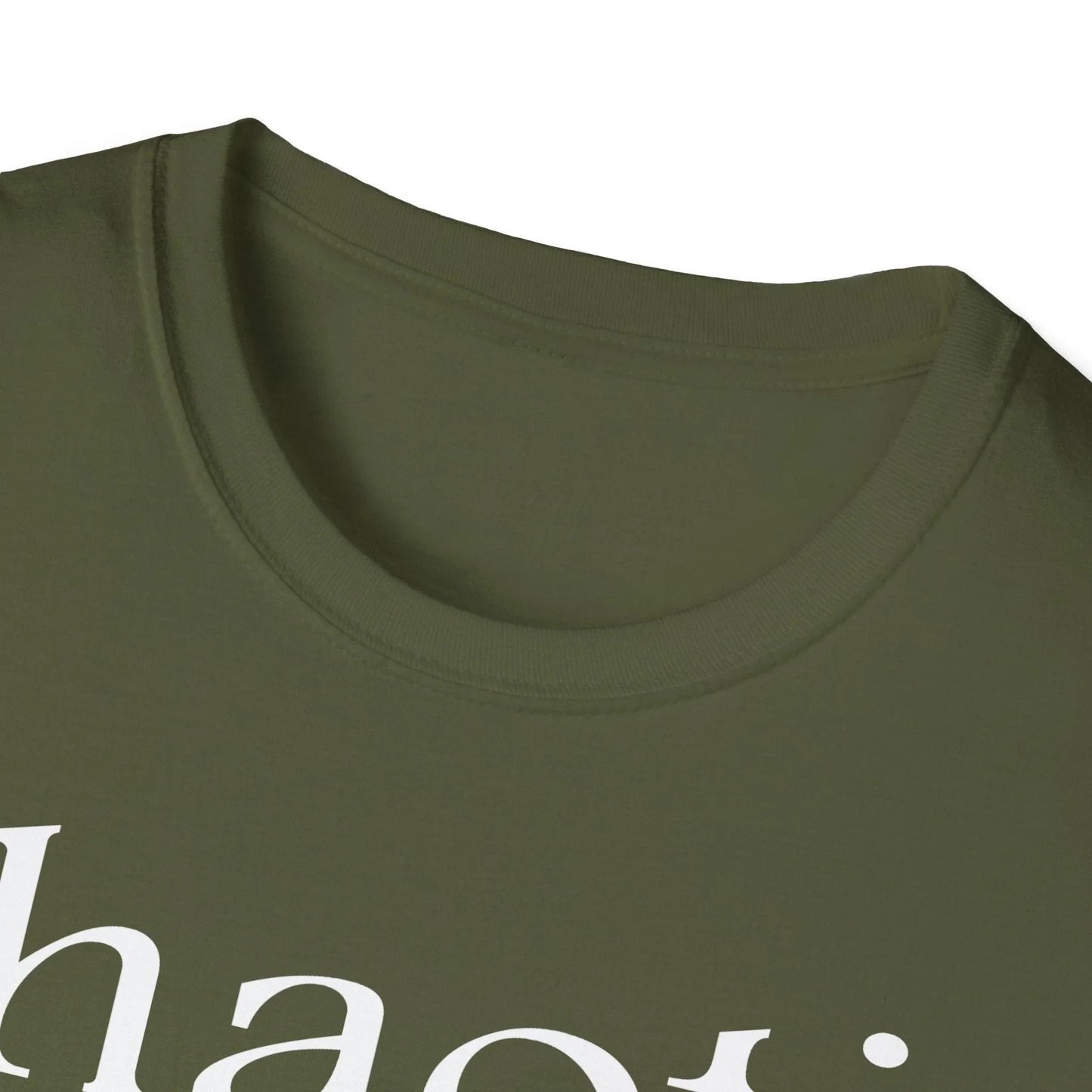 Close-up of the white softstyle fabric displaying smooth texture and subtle stitching along the neckline and sleeve edge.