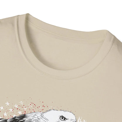 Close-up of the American Veteran logo printed on the chest, showcasing vibrant red, white, and blue colors on soft, relaxed