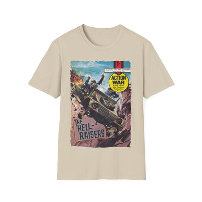 Close-up of the unisex softstyle T-shirt’s relaxed fit label and subtle fabric texture in vibrant navy color