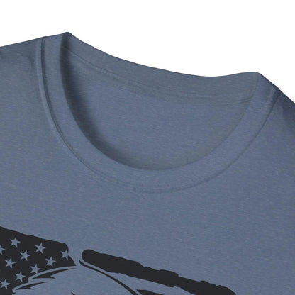 Close-up of distressed black-and-white American flag eagle graphic on front chest of unisex slim-fit T-shirt, highlighting