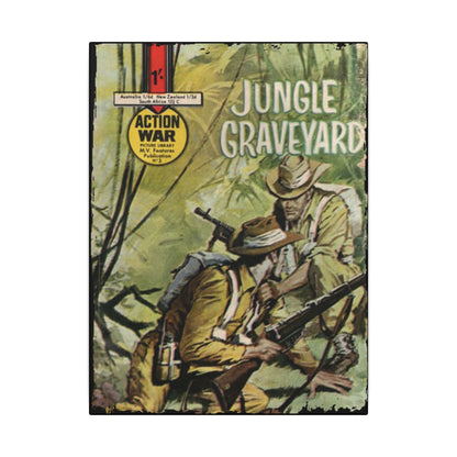 Close-up of the textured canvas material featuring the vibrant "Action War #3" comic book cover detail and bold color