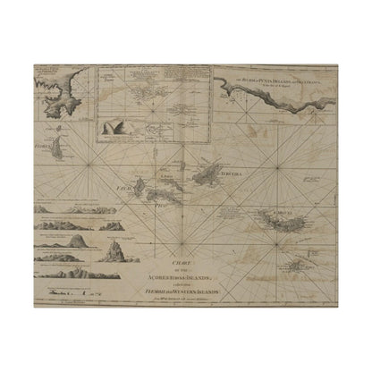 Close-up of the vibrant blue and green detailing of the Azores Islands map highlighting coastal terrain and island names