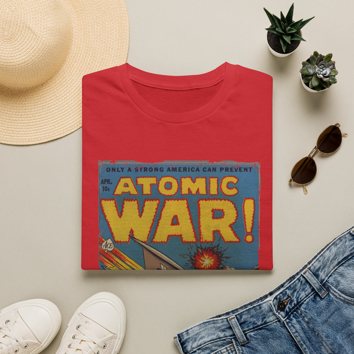 Close-up of the Atomic War! No 4 T-shirt’s fabric texture showing soft cotton blend and subtle black print detail at the