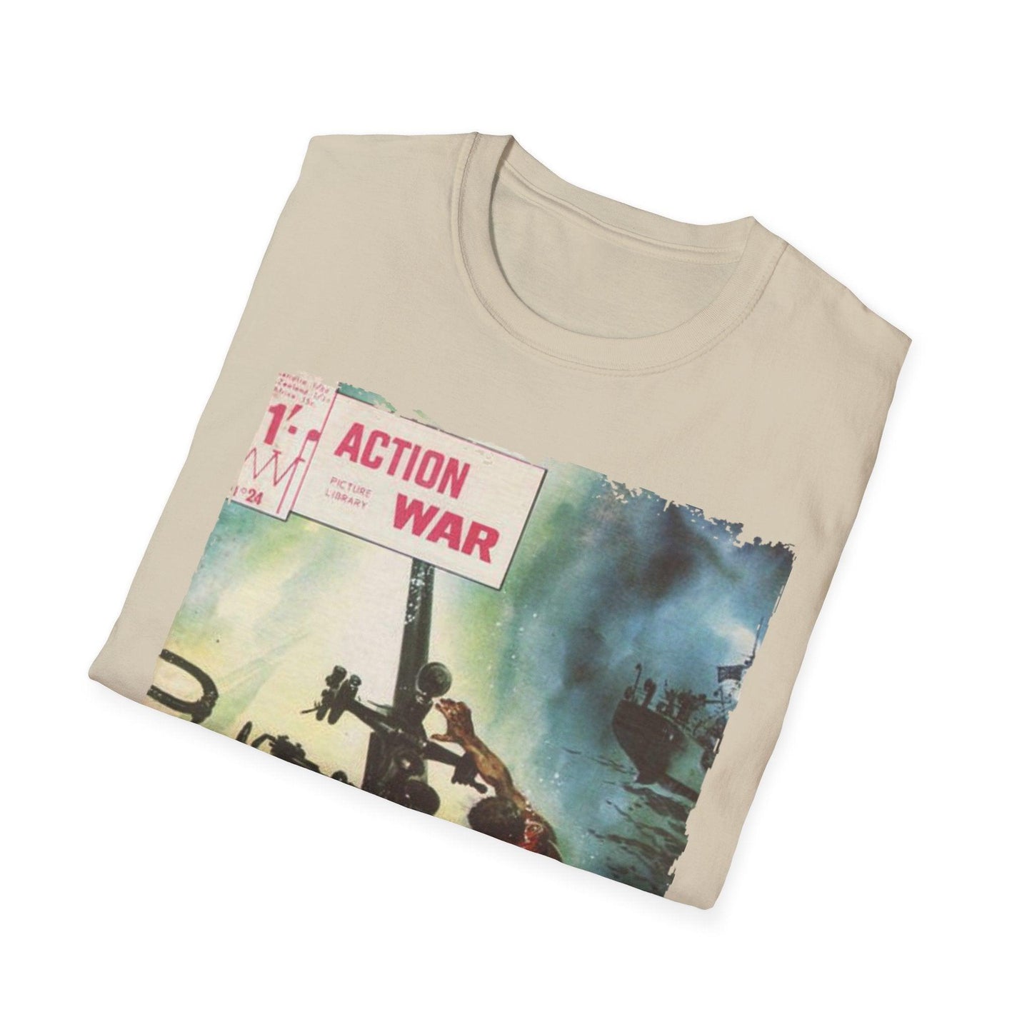 Close-up of the unisex softstyle T-shirt’s woven neck label featuring the Action War #24 logo on forest green fabric with a