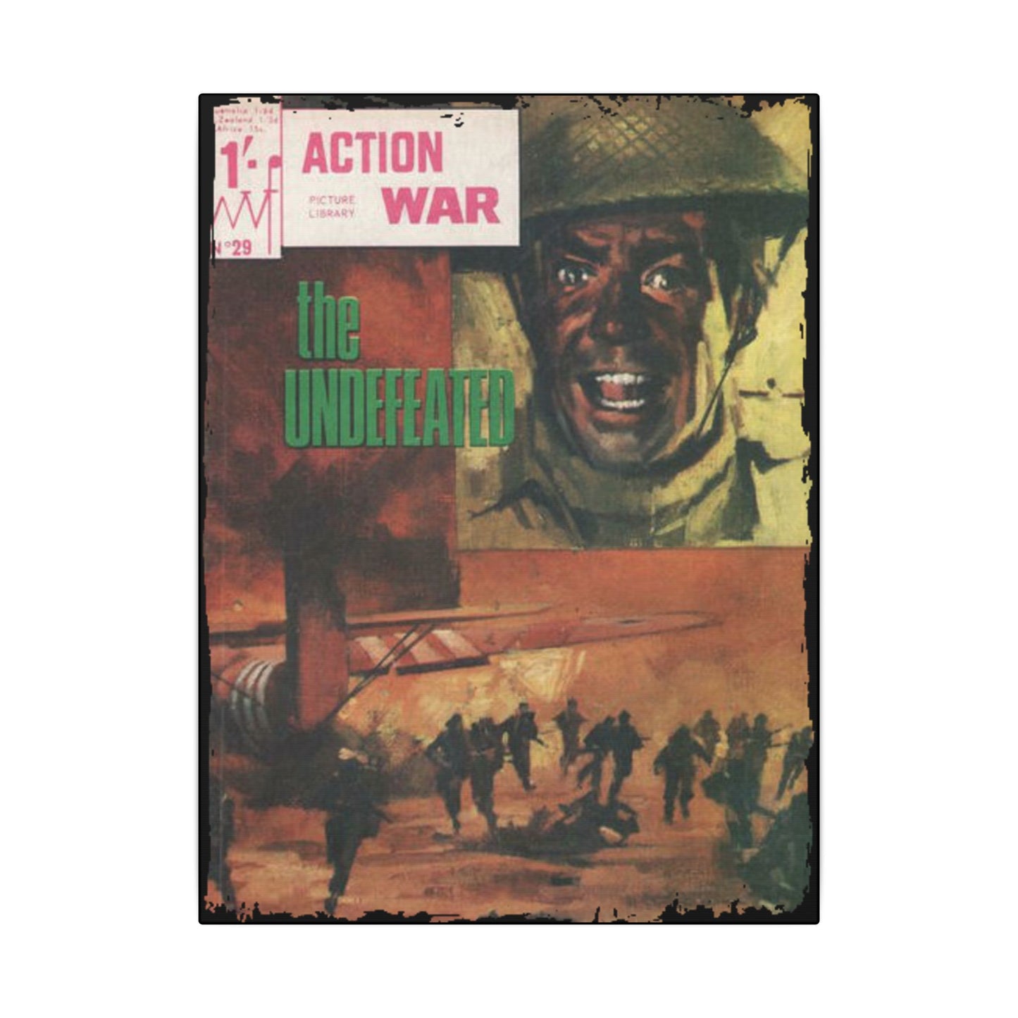 Close-up of the Canvas texture on the Action War #29 cover, highlighting detailed brushstrokes and vibrant color accents.