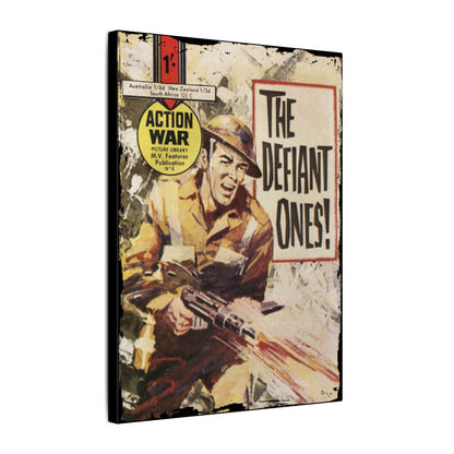 Action War #6 canvas print on eco-friendly matte material, measuring 24x36 inches, featuring bold comic-inspired artwork