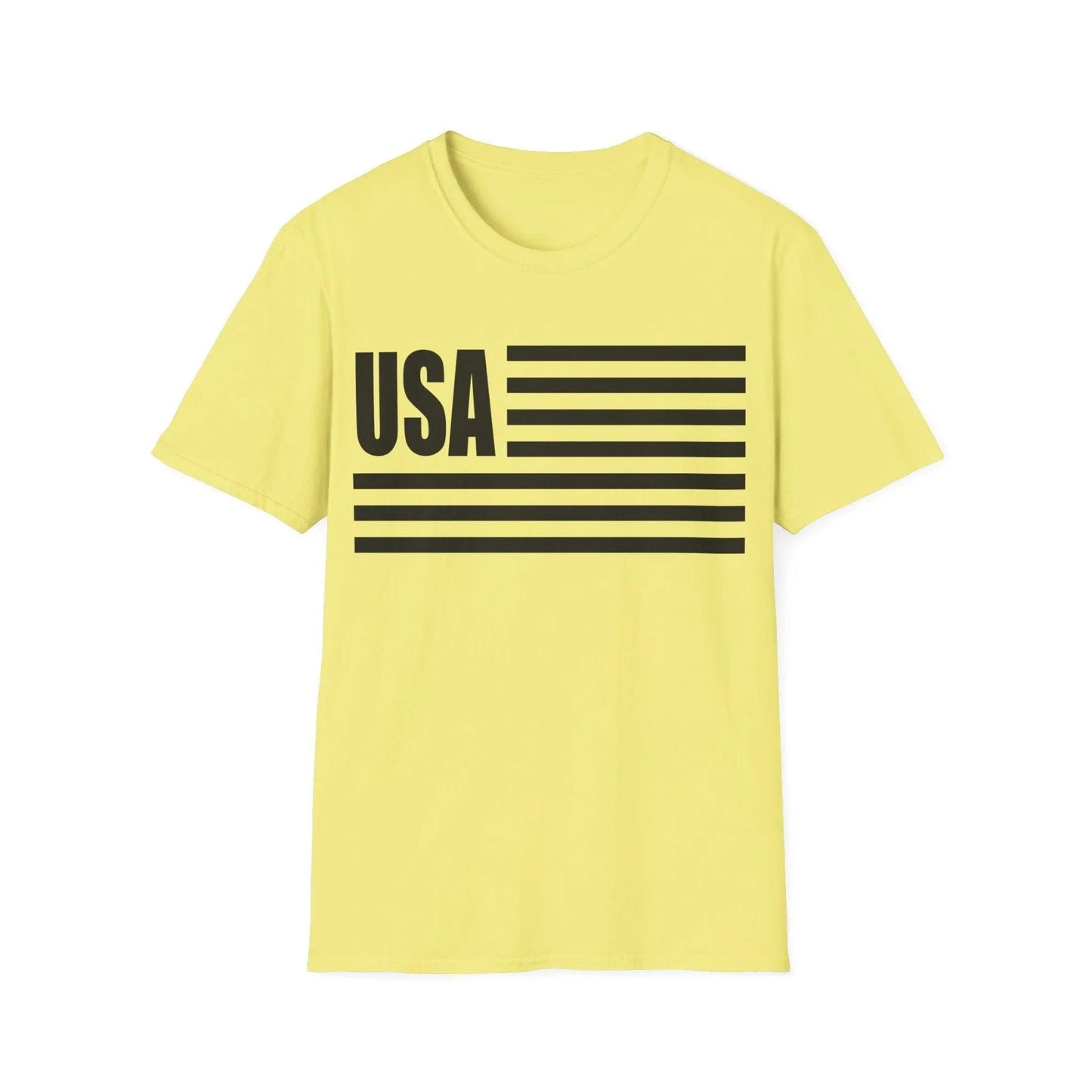 Close-up of the American Flag B&W T-Shirt's flat-knit crew neckline and smooth cotton fabric texture from a front angle.