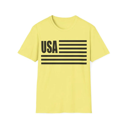 Close-up of the American Flag B&W T-Shirt's flat-knit crew neckline and smooth cotton fabric texture from a front angle.