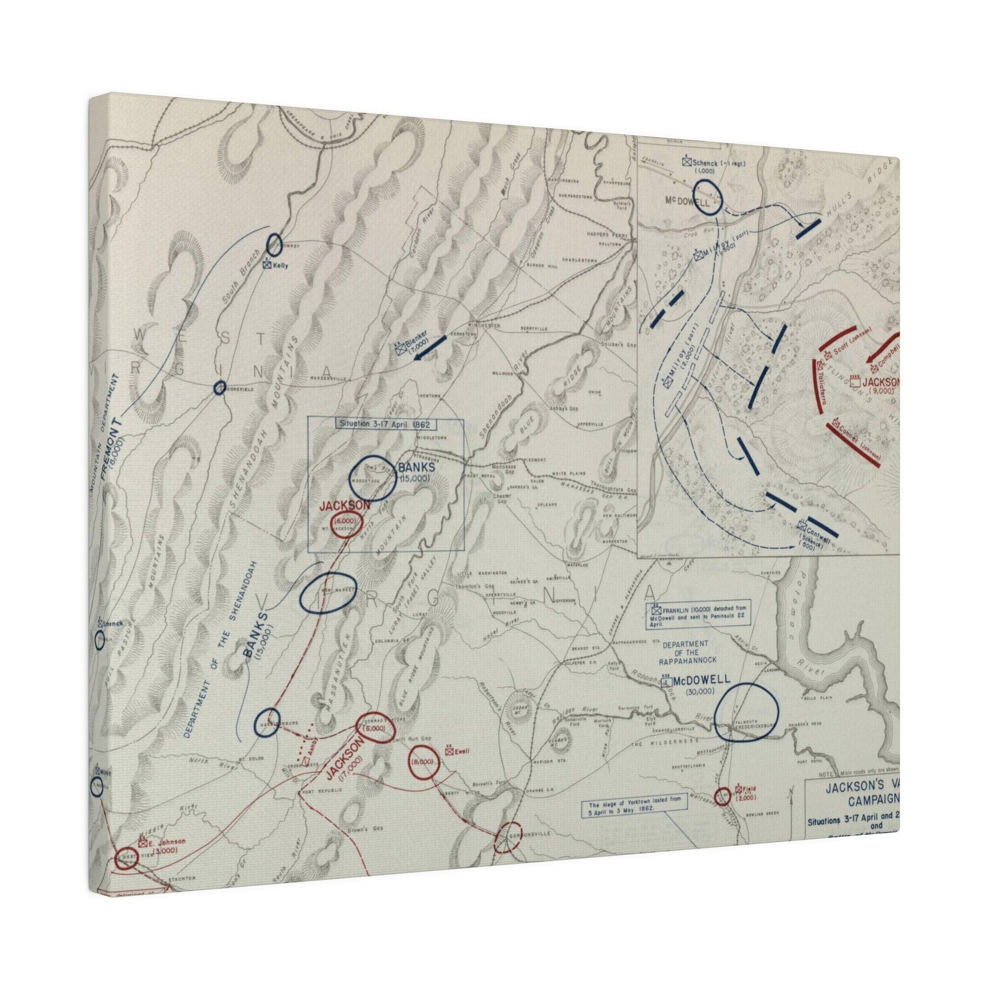 Close-up of canvas texture highlighting detailed brushstrokes and historical color palette from the Battle of McDowell scene