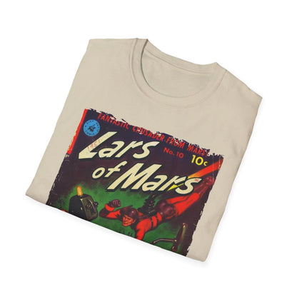 Close-up of the Lars of Mars 10 logo printed on the soft cotton fabric’s chest area, highlighting the subtle texture and