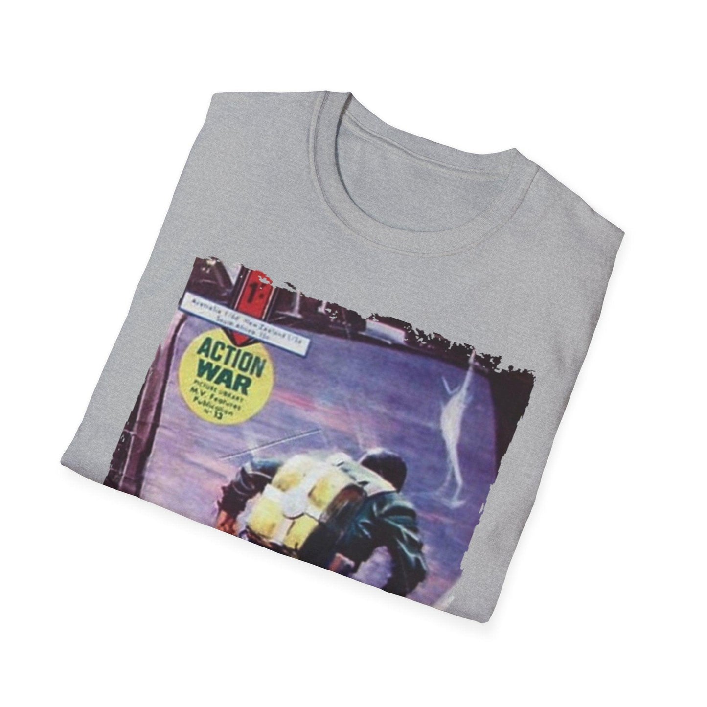 Close-up of the unisex softstyle T-shirt’s fabric texture highlighting the smooth, relaxed fit and vibrant navy color from a