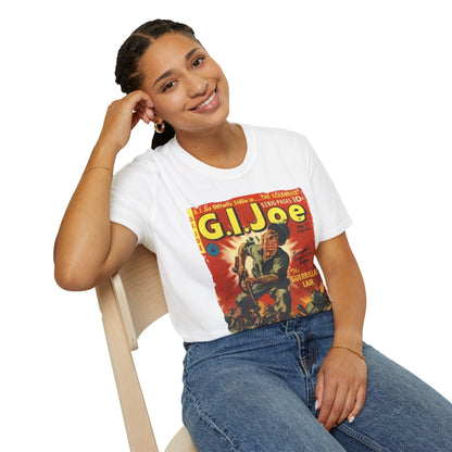 Close-up of the G.I. Joe No.11 Apr unisex softstyle T-shirt’s bold chest graphic, showcasing vibrant colors and