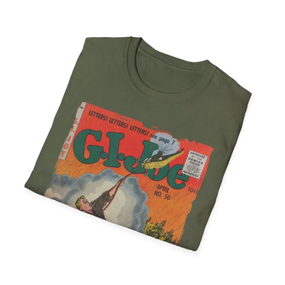 Close-up of the G.I. Joe No.50 T-shirt neckline showing reinforced stitching and cotton blend fabric in slate gray color.
