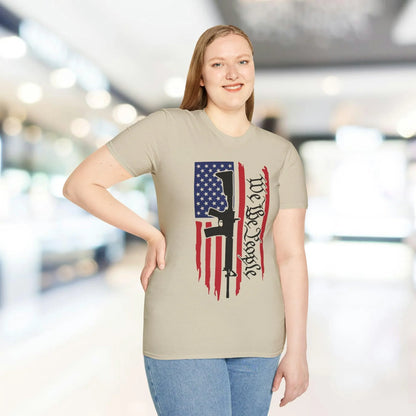 Close-up of the distressed American flag graphic on the chest featuring bold colors and textured print details