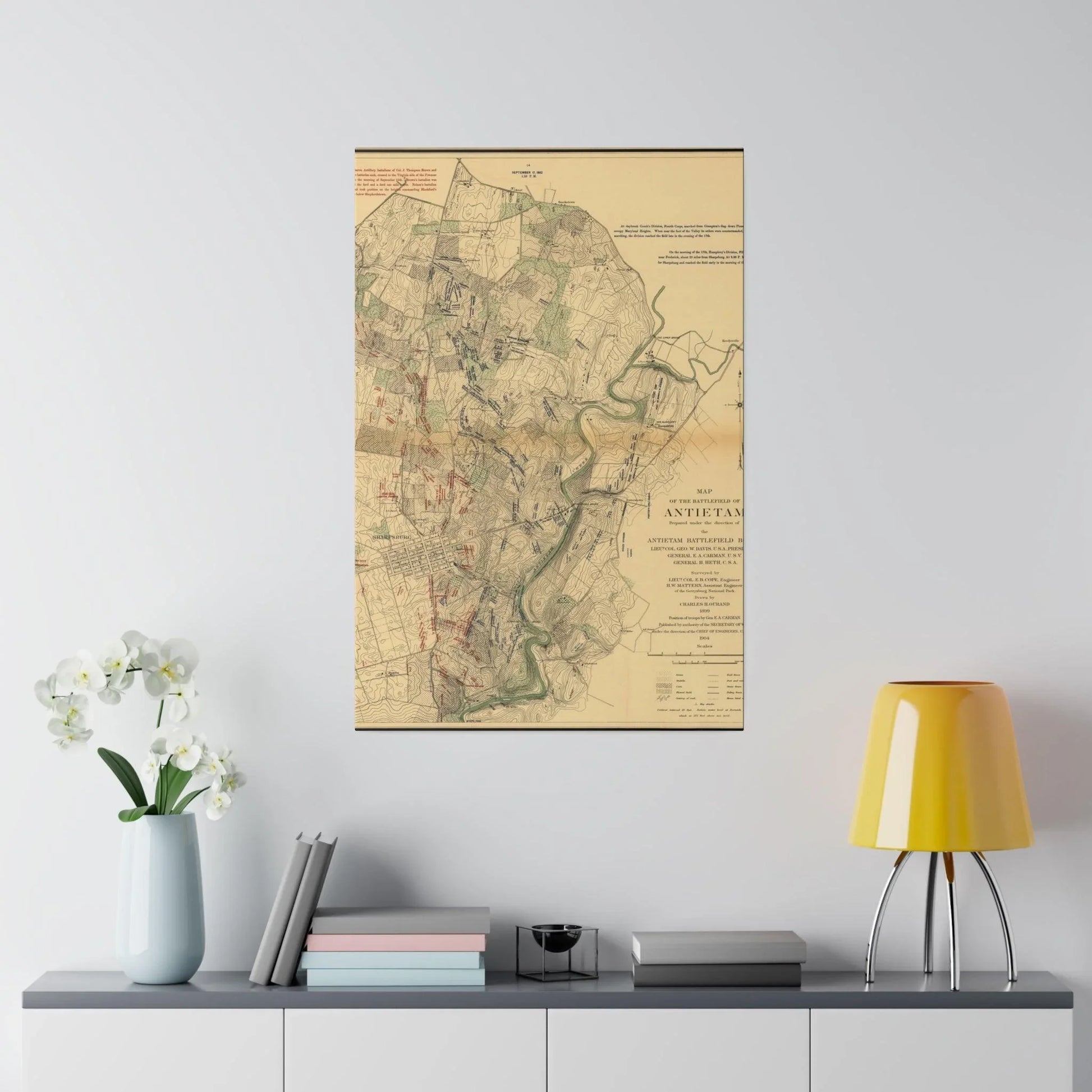 Close-up of textured canvas depicting worn fabric edges and subtle brushstroke details from the Antietam Battlefield print.