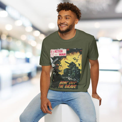 Close-up of the unisex softstyle T-shirt's collar and subtle stitching detail, showing the relaxed fit and pale blue color