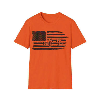 Close-up of the distressed American flag black-and-white print on the chest area, highlighting the vintage texture and