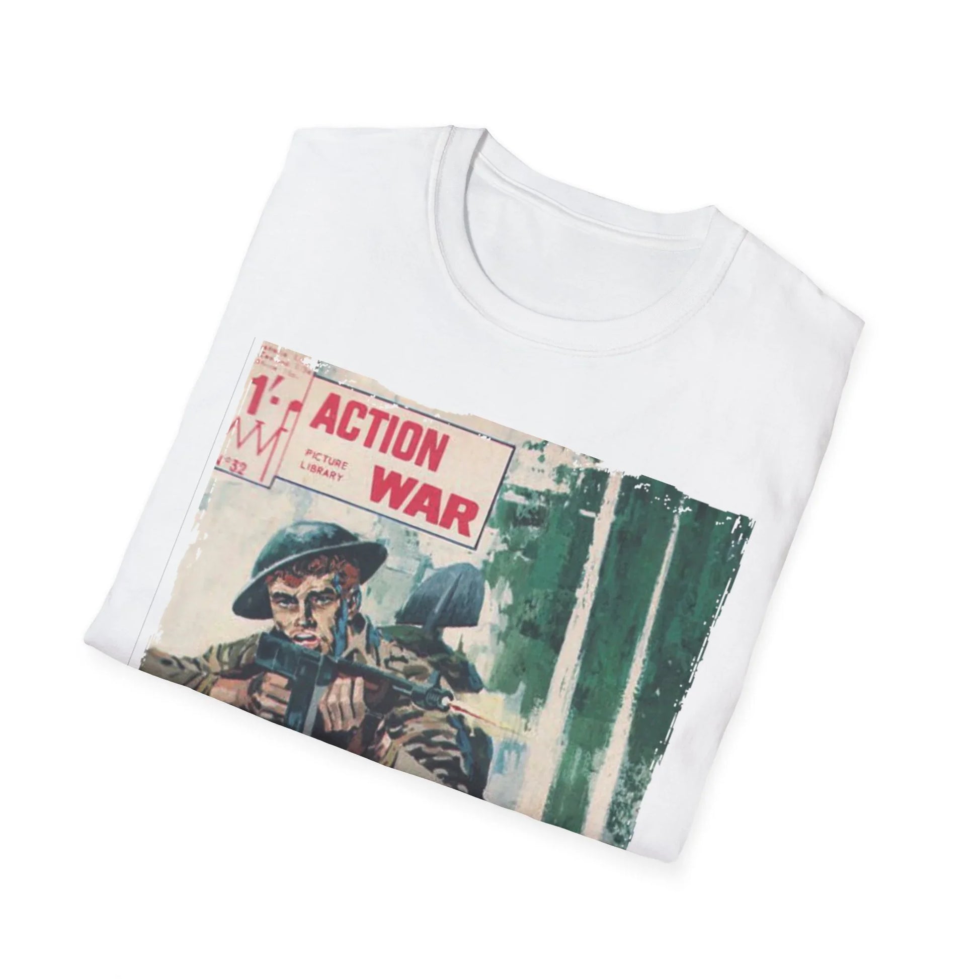 Close-up of the unisex softstyle T-shirt’s标签 tag sewn at the hem showing fabric content and care instructions in black ink.