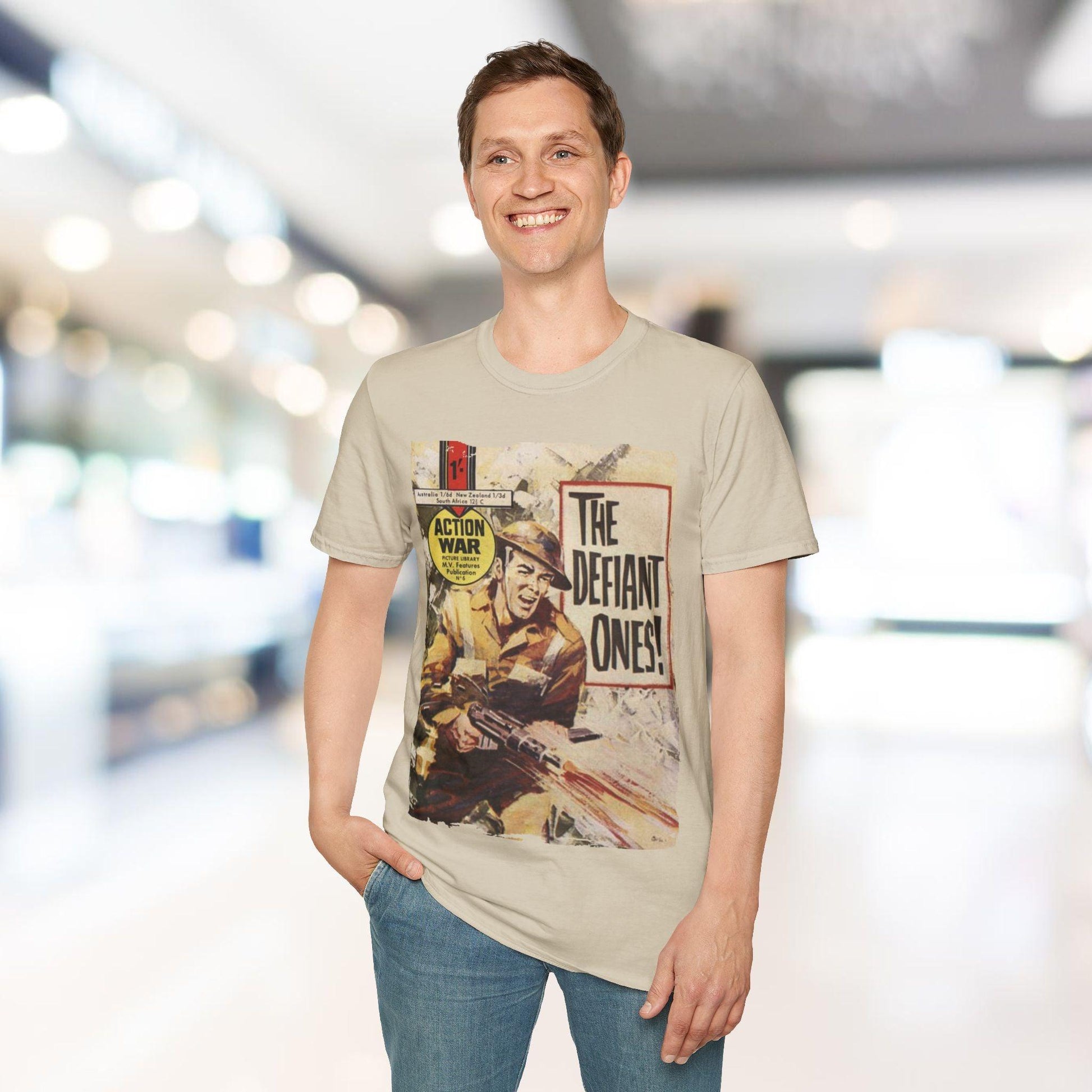 Close-up of the Action War #6 unisex softstyle T-shirt neckline featuring reinforced stitching and subtle fabric texture in