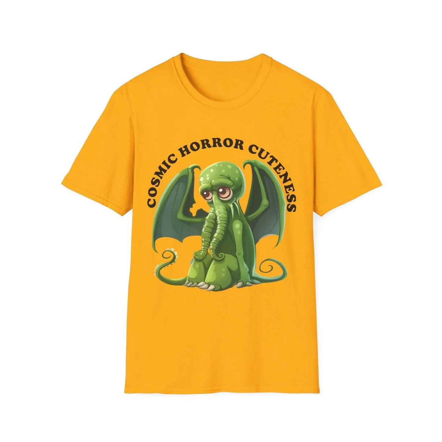 Close-up of the Cosmic Horror Cuteness T-Shirt's navy fabric displaying detailed printed design on relaxed fit, crew