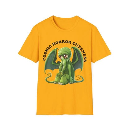 Close-up of the Cosmic Horror Cuteness T-Shirt's navy fabric displaying detailed printed design on relaxed fit, crew