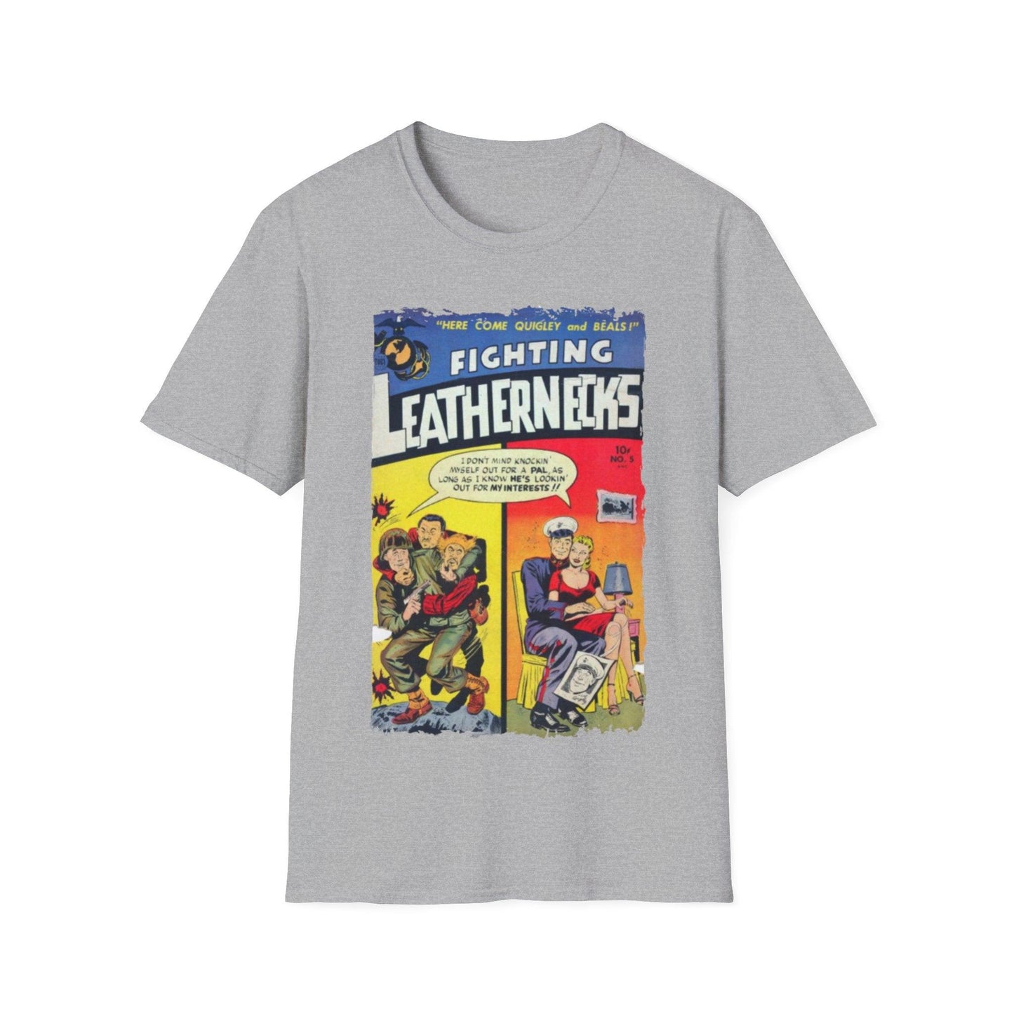 Close-up of the Fighting Leathernecks #5 graphic on unisex softstyle T-shirt displaying vintage distressed design on relaxed