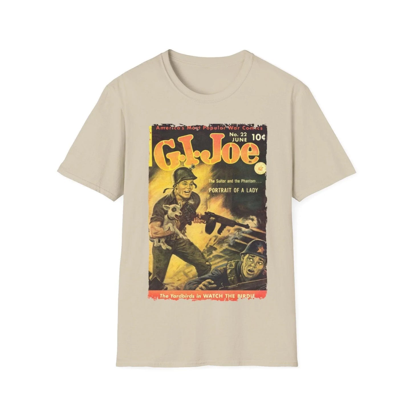 Close-up of the G.I. Joe No.22 softstyle T-shirt’s chest label featuring bold logo and durable stitching detail, shown from